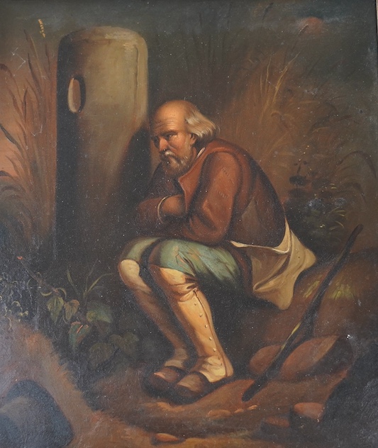 19th century, German School, oil on zinc, 'Traveller seated beside a mile post', 24 x 20cm. Condition - fair